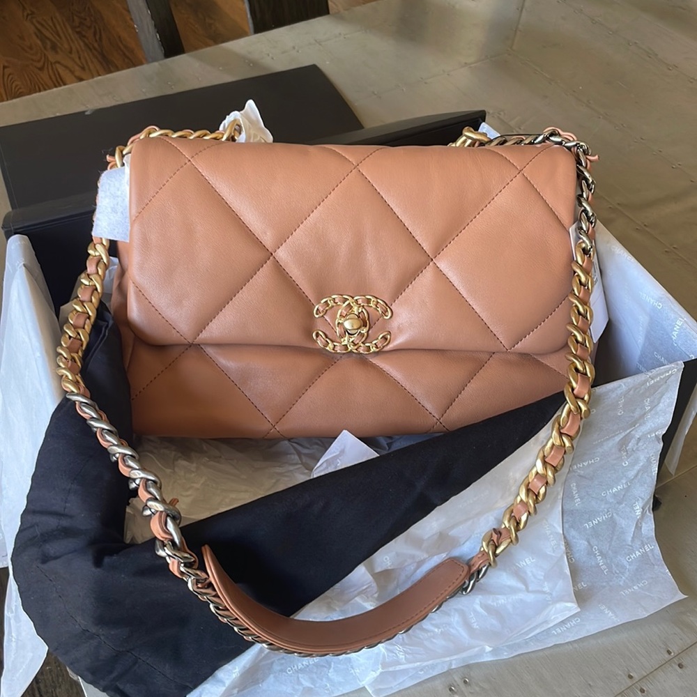 Chanel 19 caramel camel beige leather large quilted gold crossbody shoulder bag